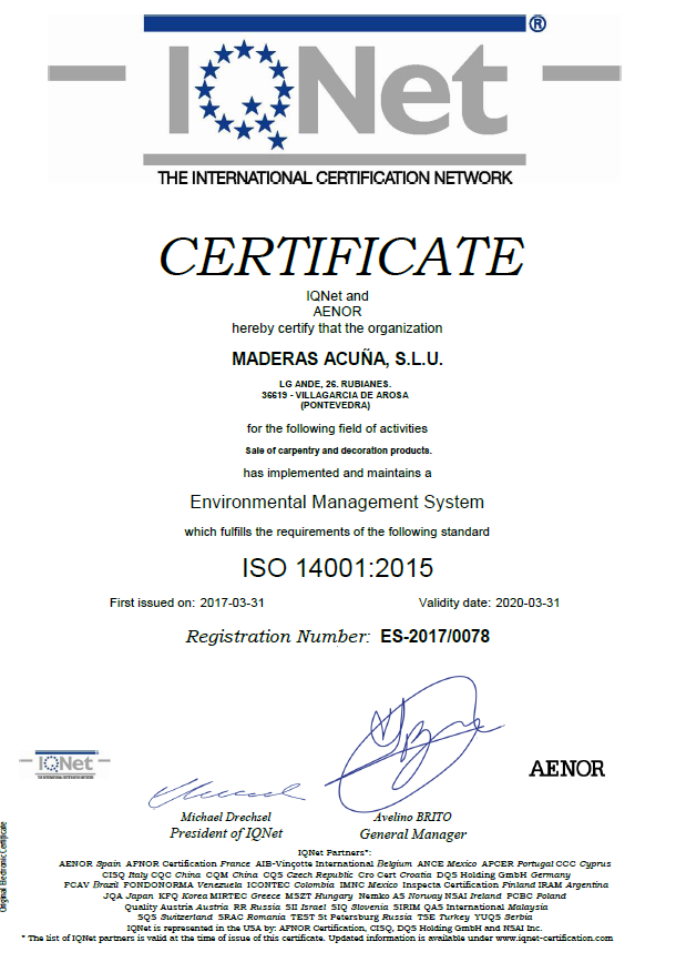 Certificado IQNET 14001:2015